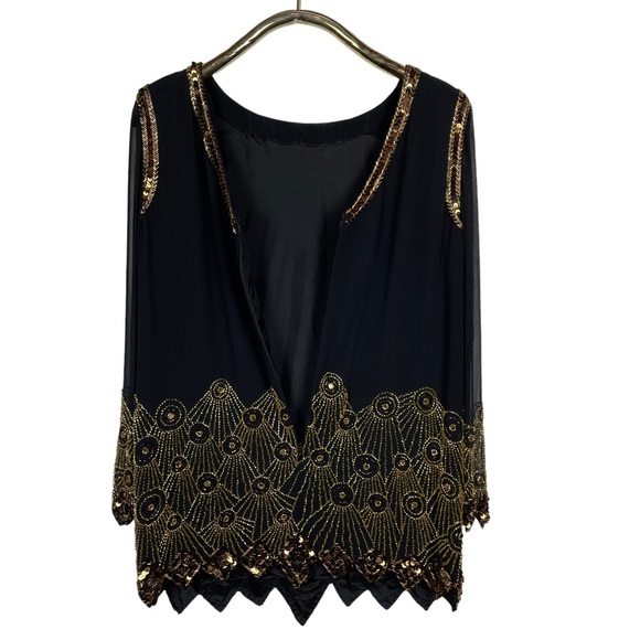 BLACK TIE BY OLEG CASSINI SILK BEADED DECO EMBELLISHED SHEER PANEL TUNIC BLOUSE - Picture 6 of 12